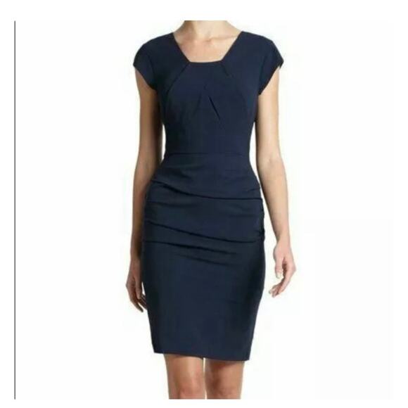 BCBGMaxAzria Joana Sheath Dress Sz 8 Navy Pleated Ruched Cap Sleeves Square Neck - Picture 1 of 10